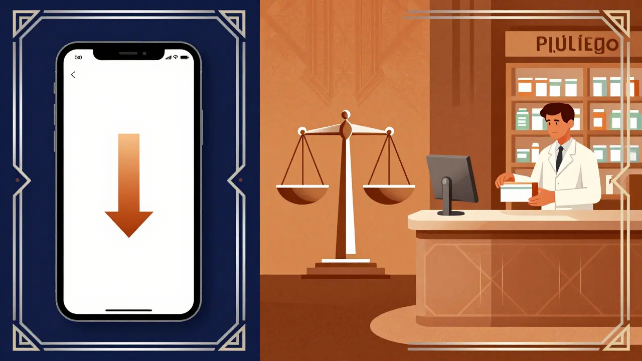 Art Deco illustration comparing online pharmacy app and traditional store with balance scale