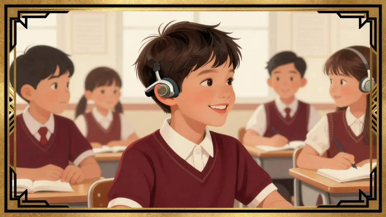 Art Deco illustration of a child using hearing aids at school