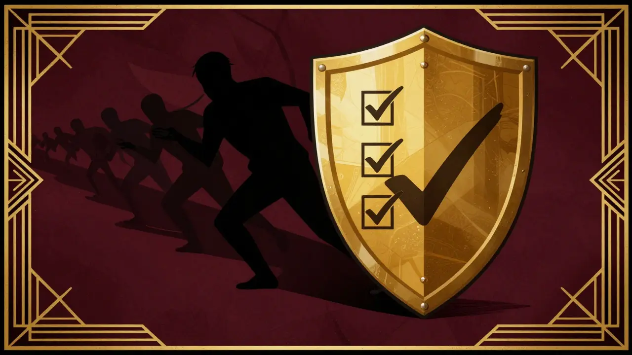 Art Deco illustration of a golden shield protecting a user from online pharmacy scams.