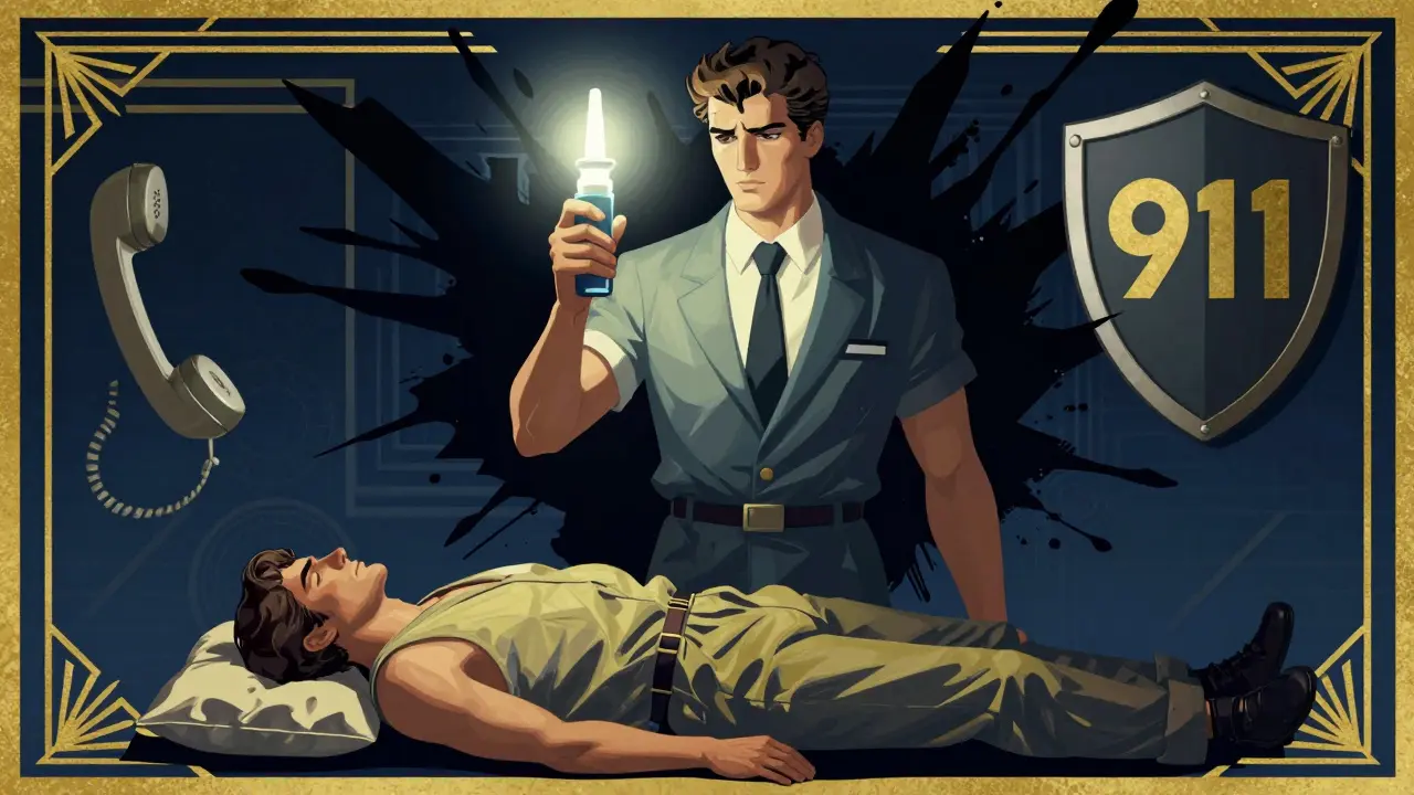 Art Deco illustration of administering naloxone and placing victim in recovery position.