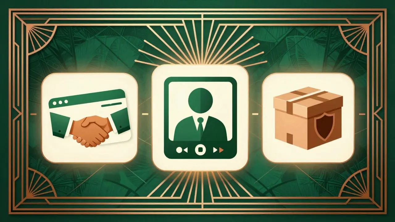 Art Deco illustration showing icons for coupons, telehealth, and delivery services.