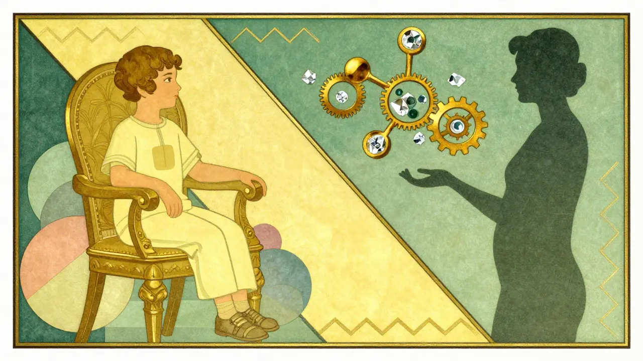 Art Deco illustration showing pediatric and oncology patients, highlighting the need for off-label drug treatments.
