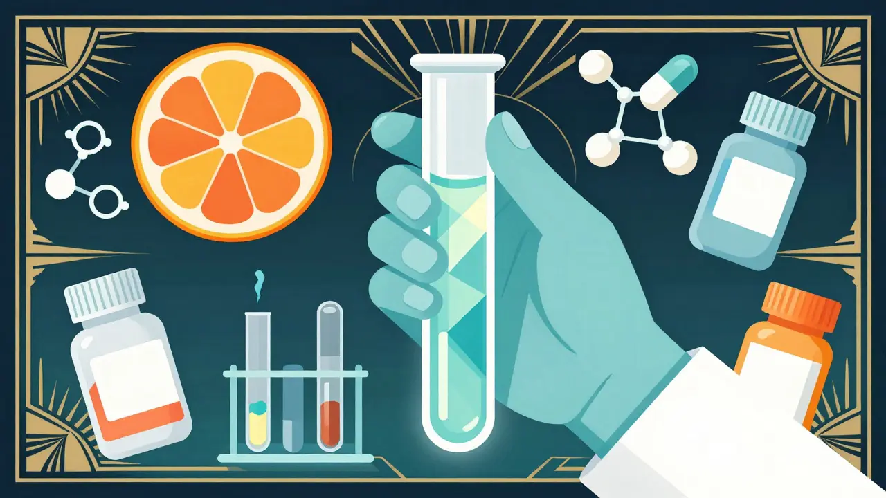 Art Deco lab scene with test tube, grapefruit, and pills