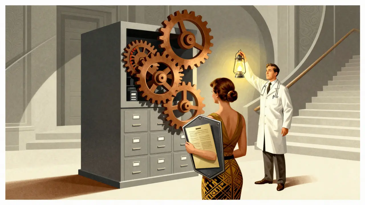 Art Deco style image of a patient advocating for coverage against a bureaucratic machine, supported by a doctor.