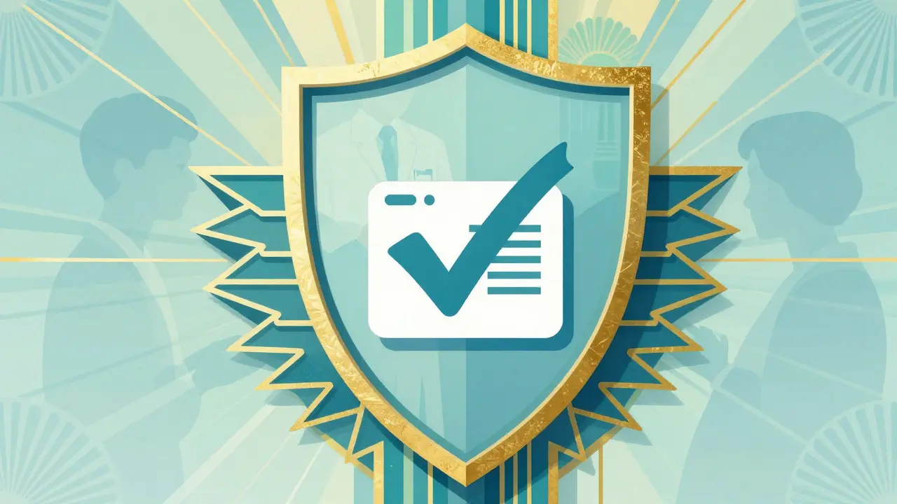 Art Deco style shield emblem symbolizing safe and verified online medication purchase