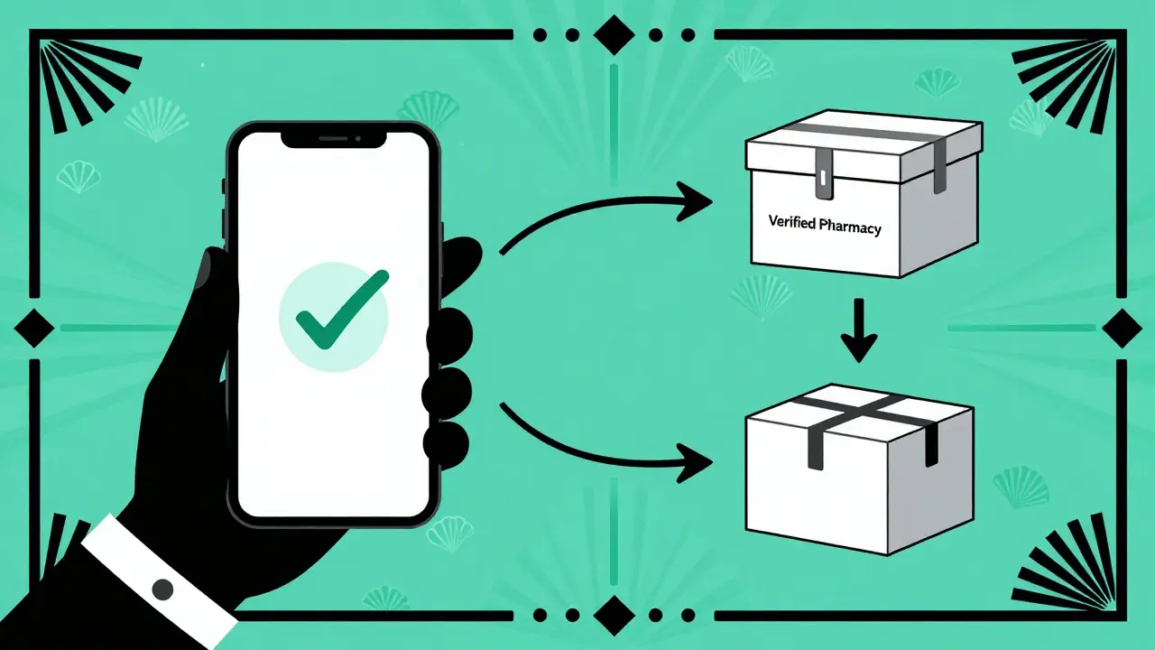 Graphic illustration of a safe online ordering process with verified pharmacy icons.