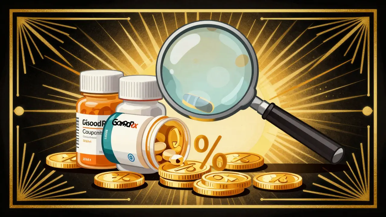 Magnifying glass revealing savings on pills in Art Deco style
