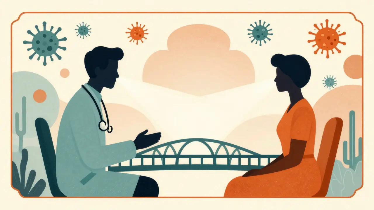 Stylized Art Deco graphic showing a safe telehealth connection between doctor and patient.