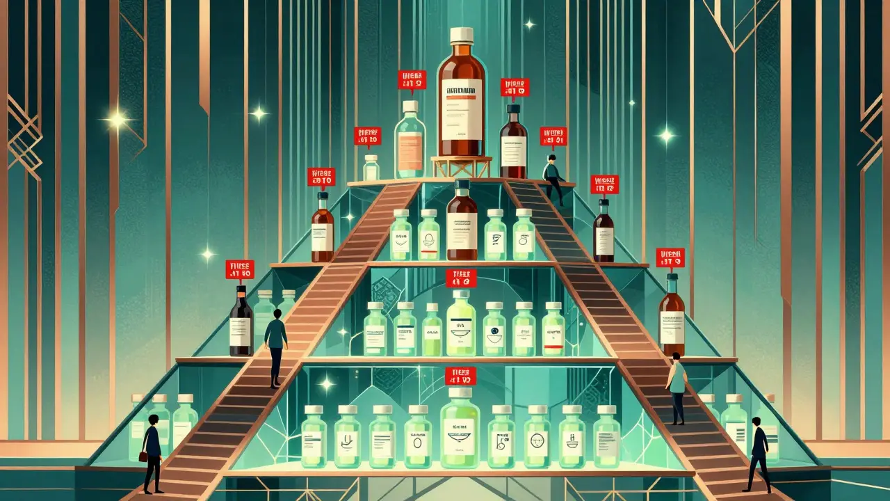 Stylized Art Deco pyramid showing tiers of drug costs with generics at the base.