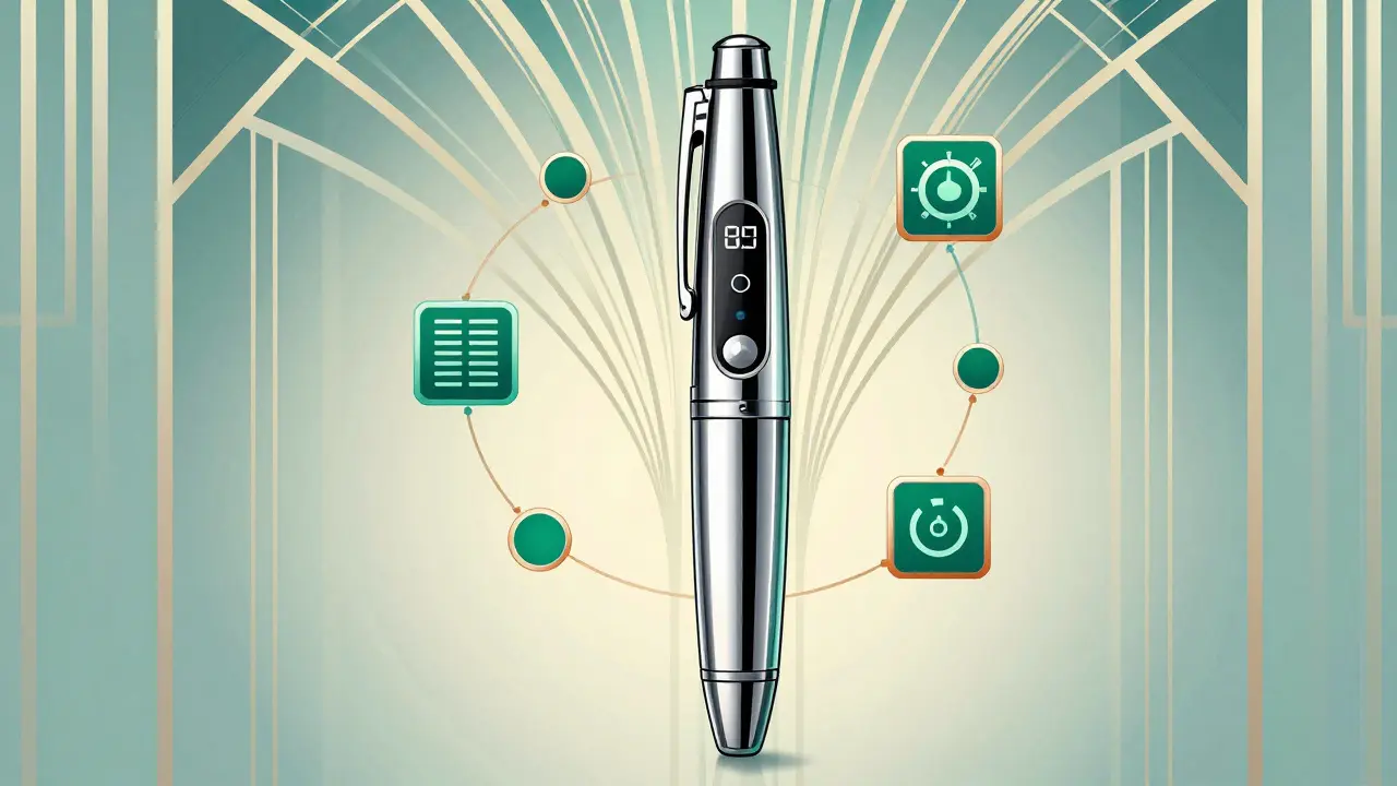 Stylized Art Deco smart insulin pen surrounded by digital connection icons.