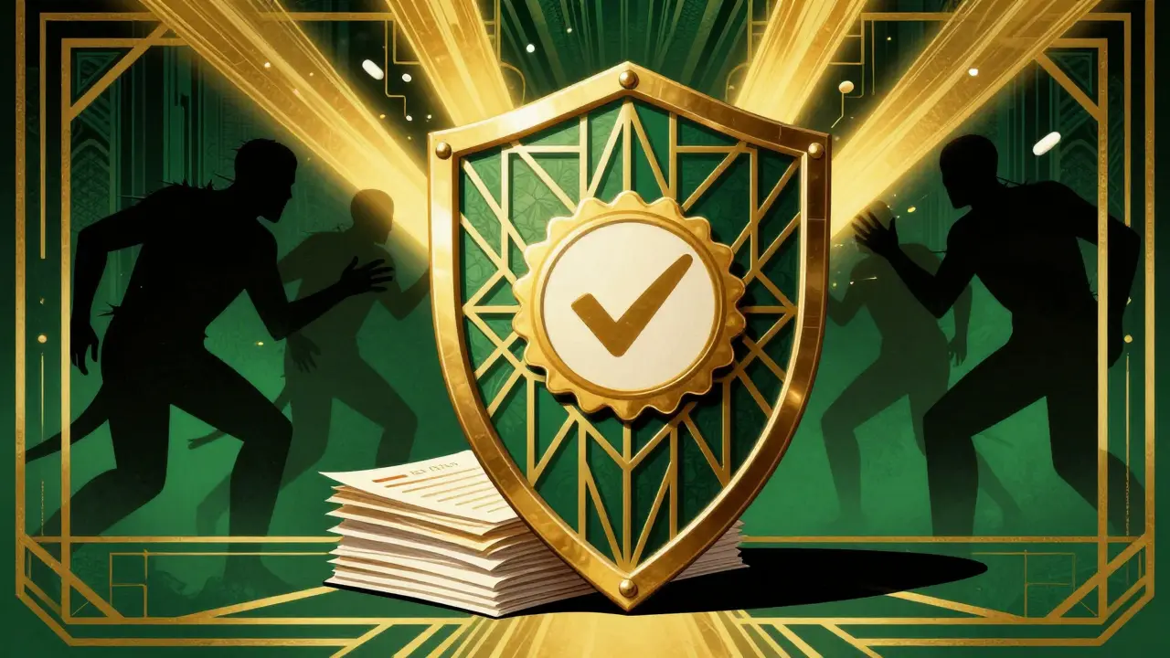 Stylized shield protecting prescriptions from shadowy scam figures in Art Deco style.