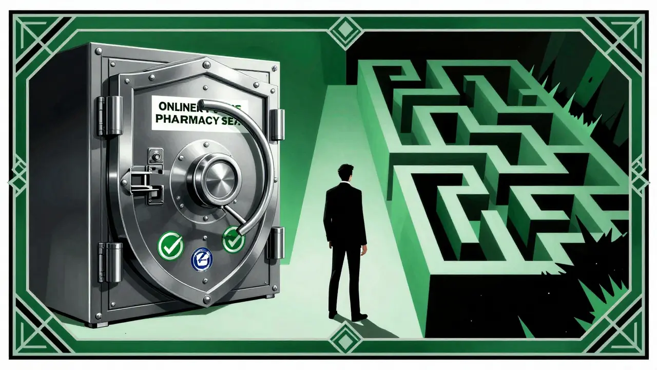 Vintage poster art contrasting a secure pharmacy vault with a dangerous, shadowy maze.