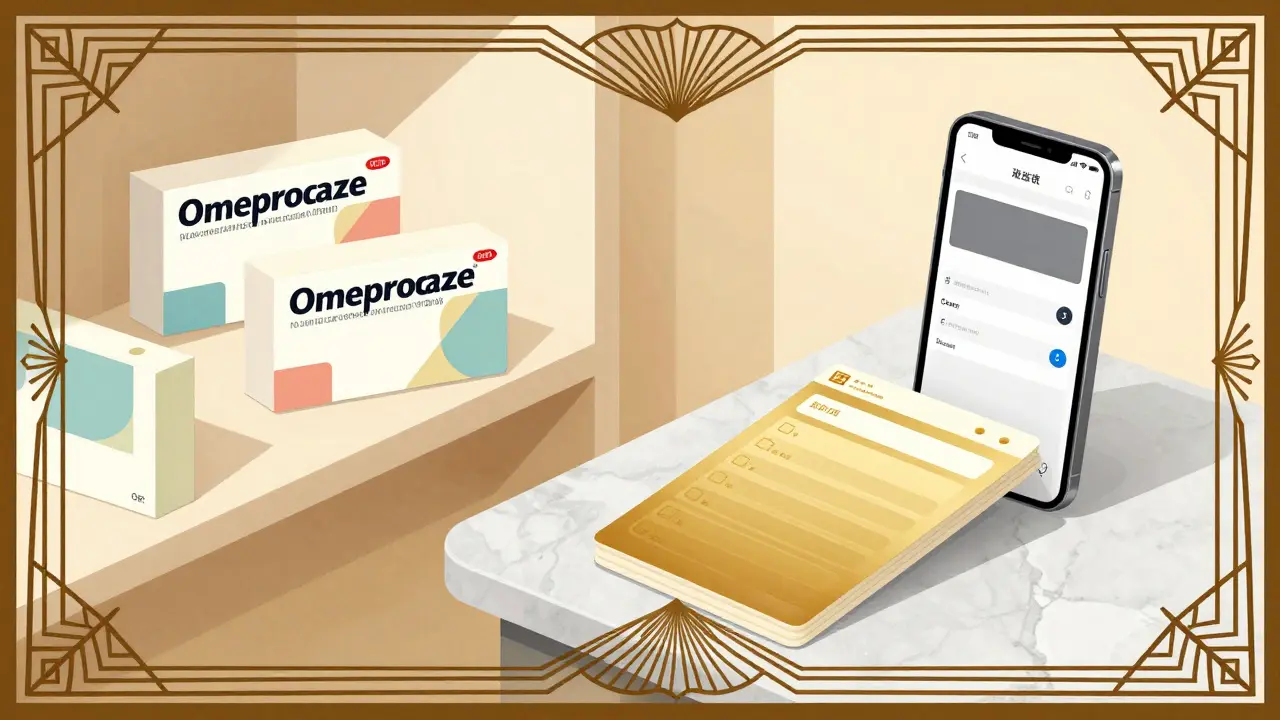 Vintage-style graphic showing OTC pills and a digital prescription option on a table.