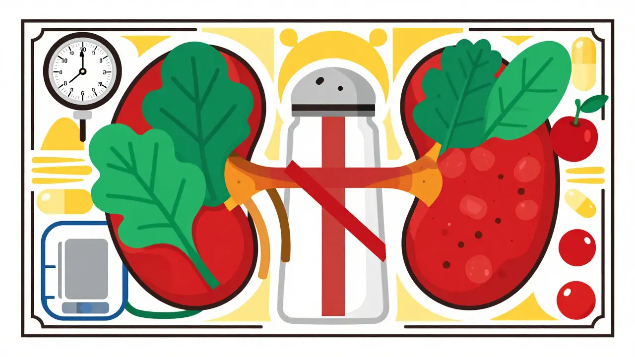 Art Deco graphic of healthy diet and lifestyle choices for kidney protection