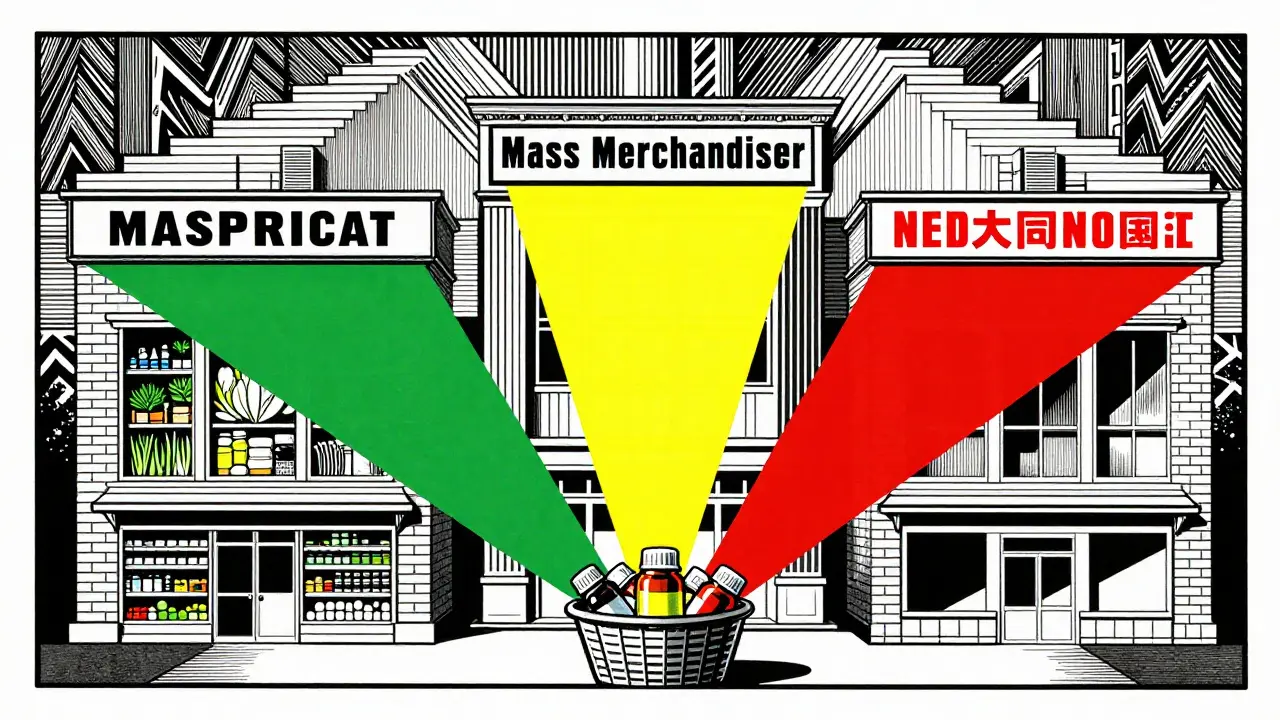 Art deco graphic showing different pharmacy types and pricing