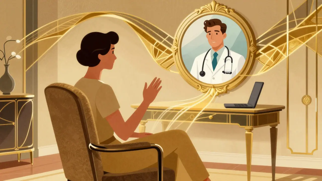 Art deco scene of a patient consulting a doctor via a decorative mirror frame