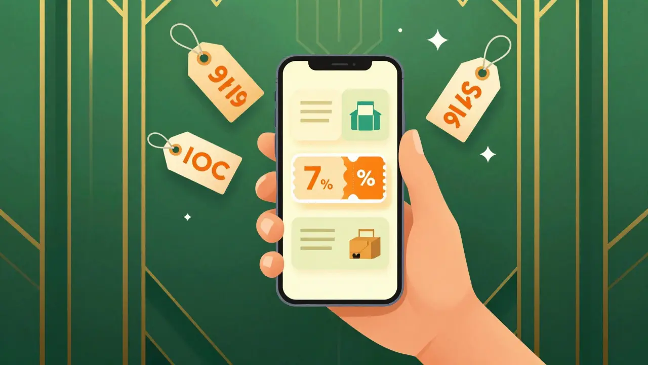Art Deco style hand holding smartphone with pharmacy and coupon icons