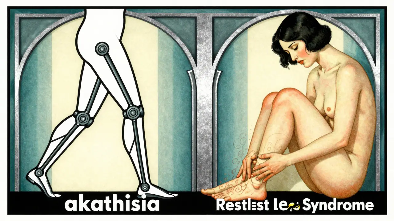Comparison of pacing akathisia vs leg scratching RLS in Art Deco art