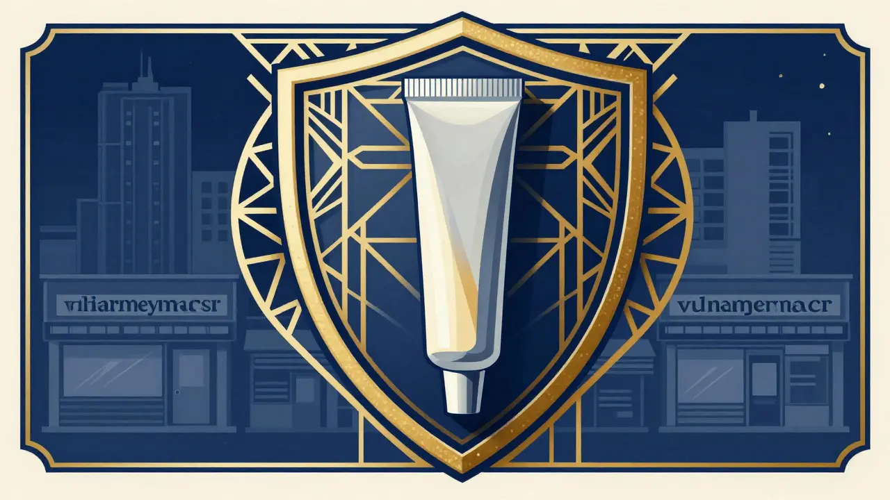 Gold Art Deco shield protecting medicine tube against stylized city backdrop