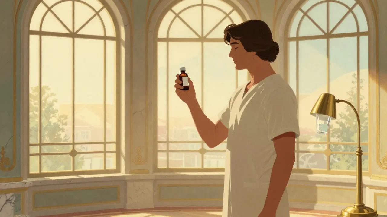 Patient finding calm relief with medication in an Art Deco interior
