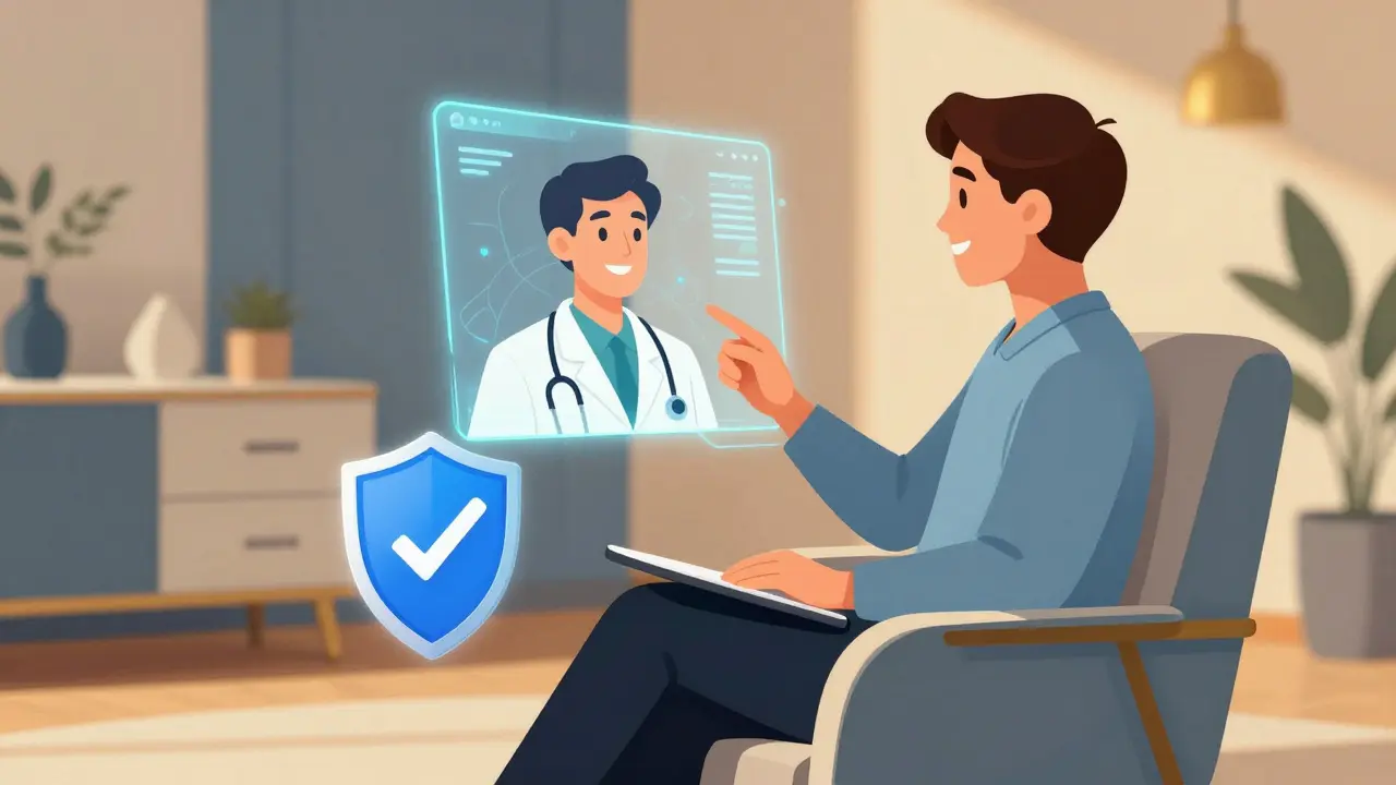 Patient having safe video consultation with doctor via telehealth service