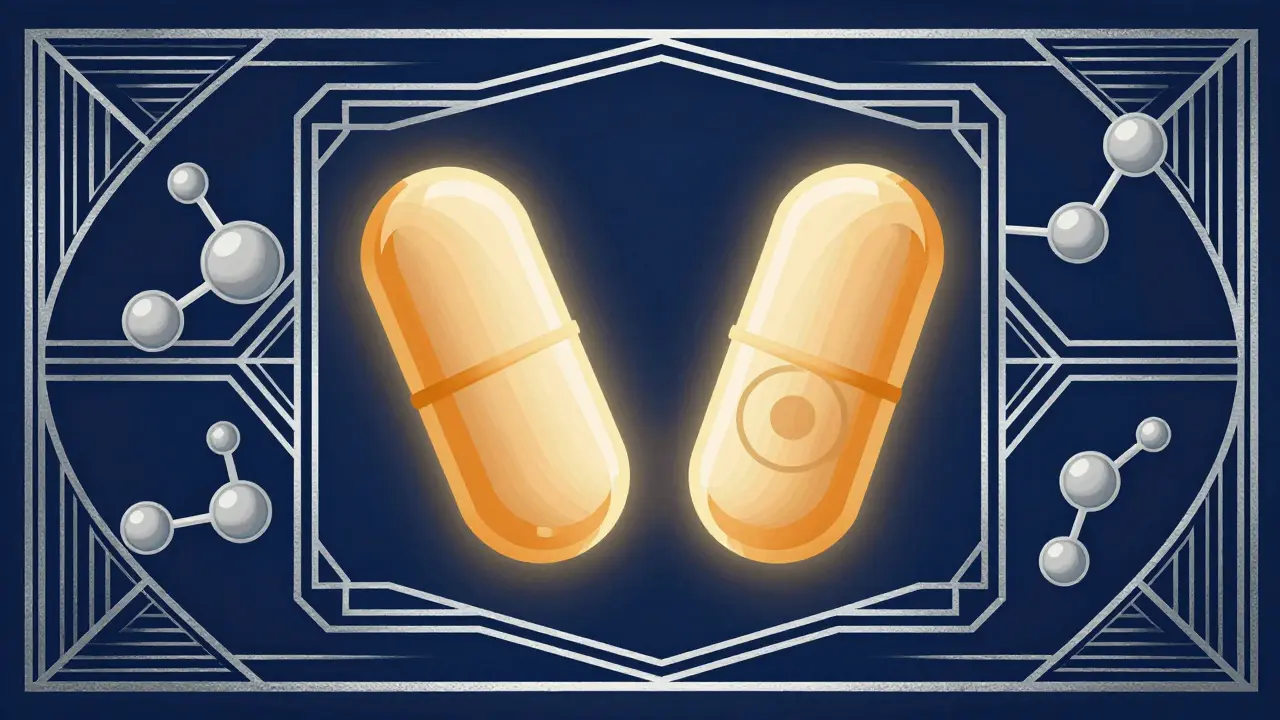 Stylized art deco graphic showing two identical pills with molecular designs