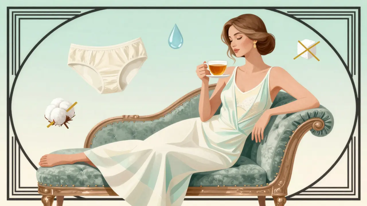 Stylized art deco image of relaxed woman with cotton clothing and hygiene symbols.