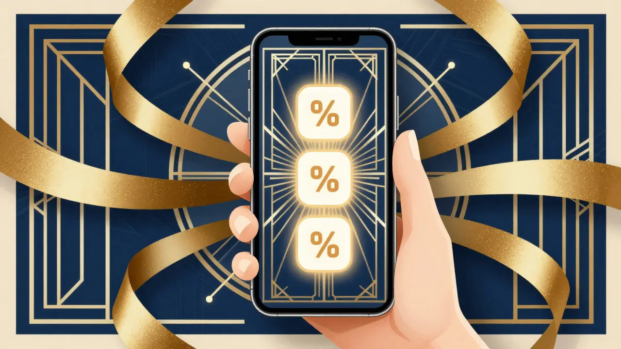 Stylized hand holding phone with app icons in art deco style