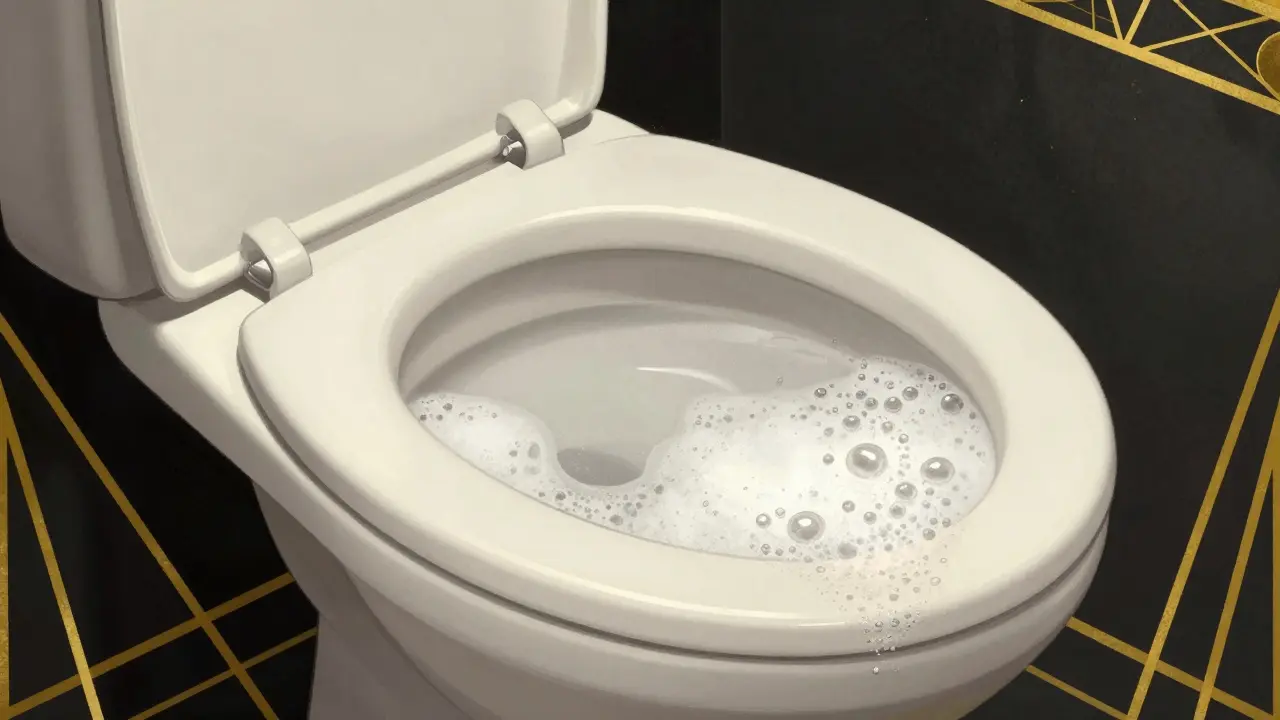 Stylized image of toilet water with persistent foamy bubbles indicating proteinuria