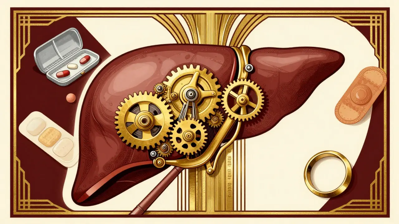 Stylized mechanical liver engine processing fading contraceptive items