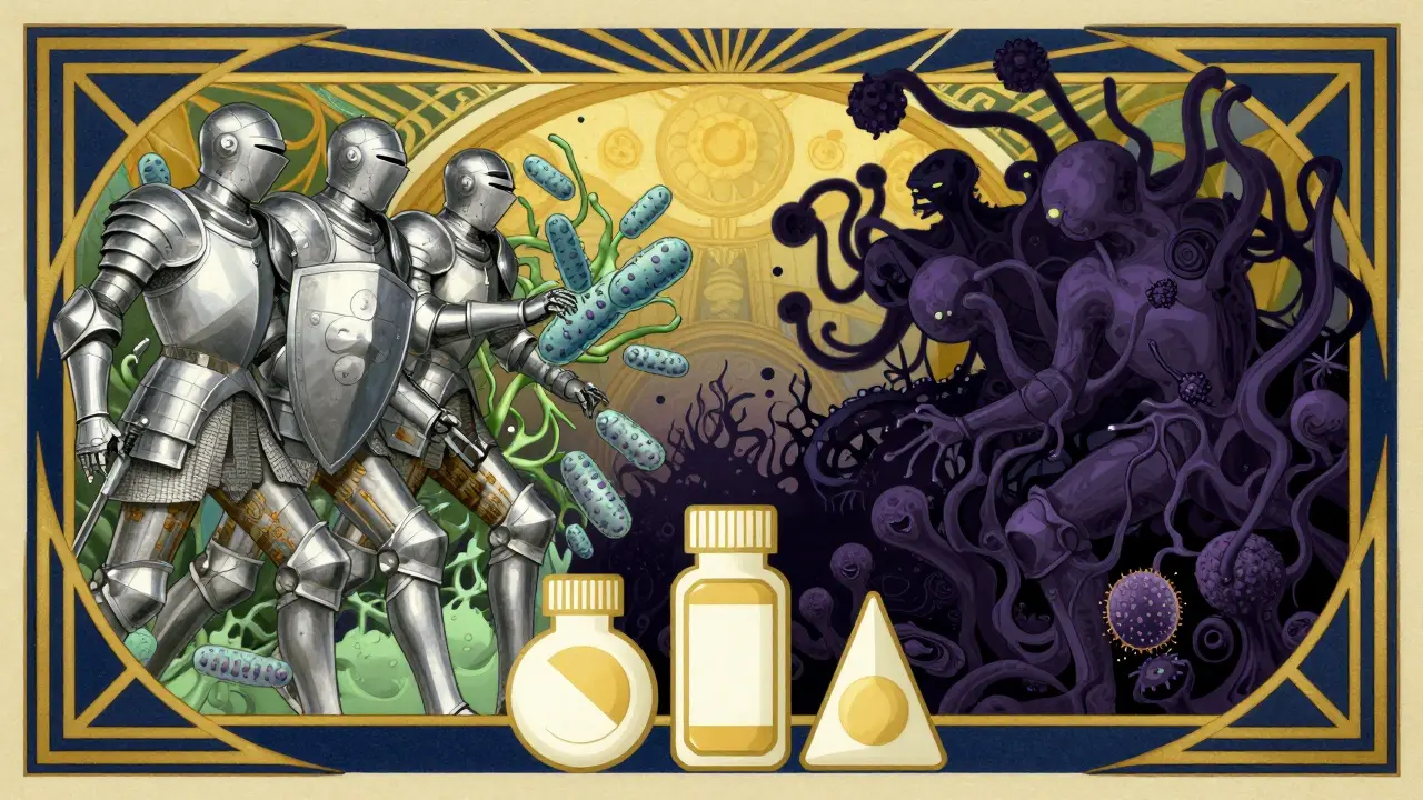 Vintage art deco poster showing good bacteria fighting fungal invaders with medicine.