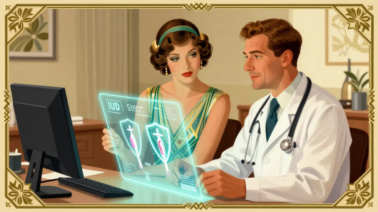 Woman and doctor reviewing safe birth control options in Art Deco style