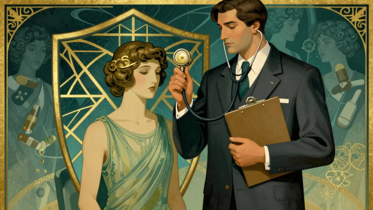 Art Deco doctor holding a shield protecting a patient from ghostly drug interaction symbols.