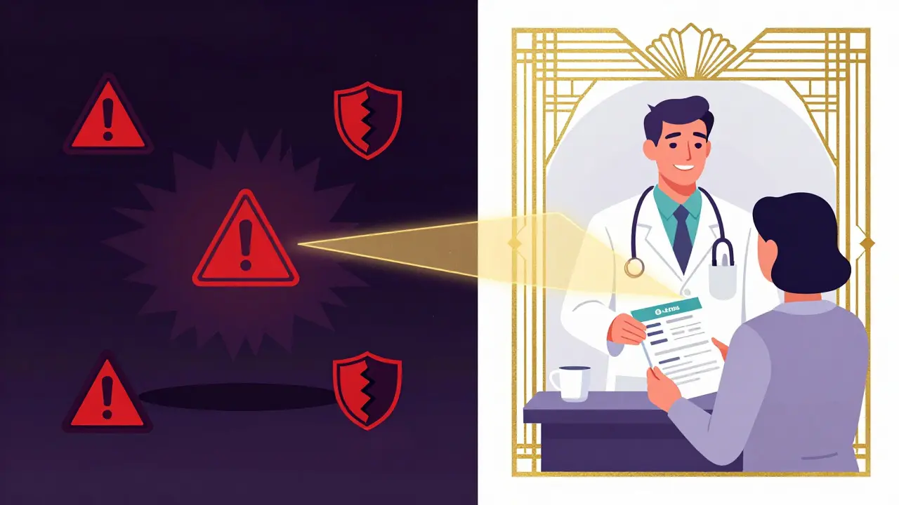 Art Deco graphic comparing safe telehealth vs dangerous illegal pharmacies
