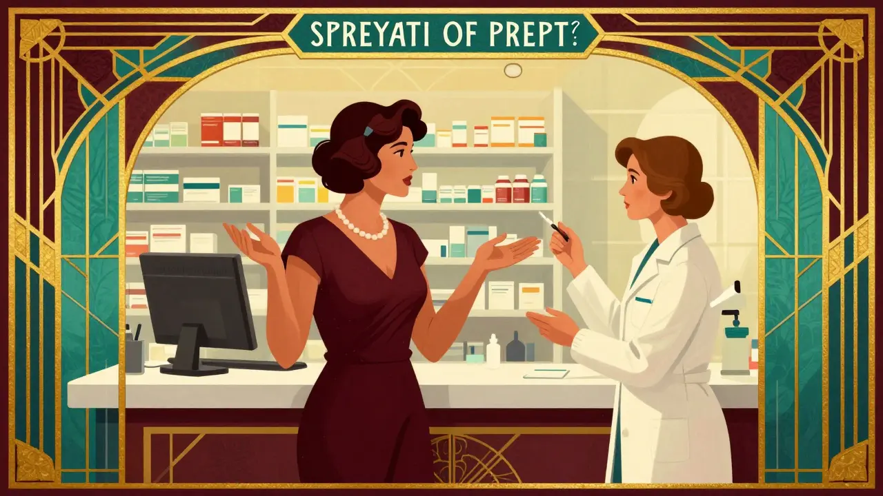 Art Deco illustration of a patient discussing medication details with a pharmacist.