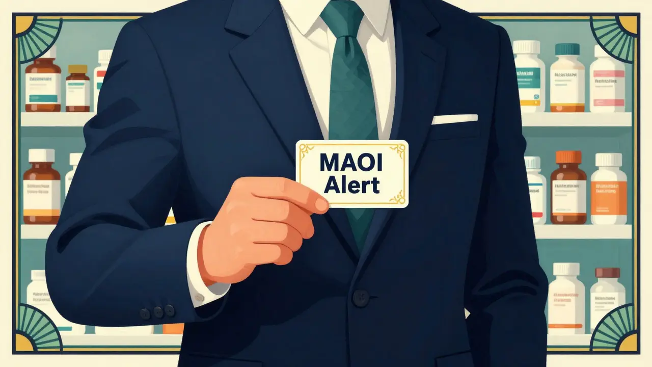 Art Deco illustration of a person holding an alert card in a pharmacy setting