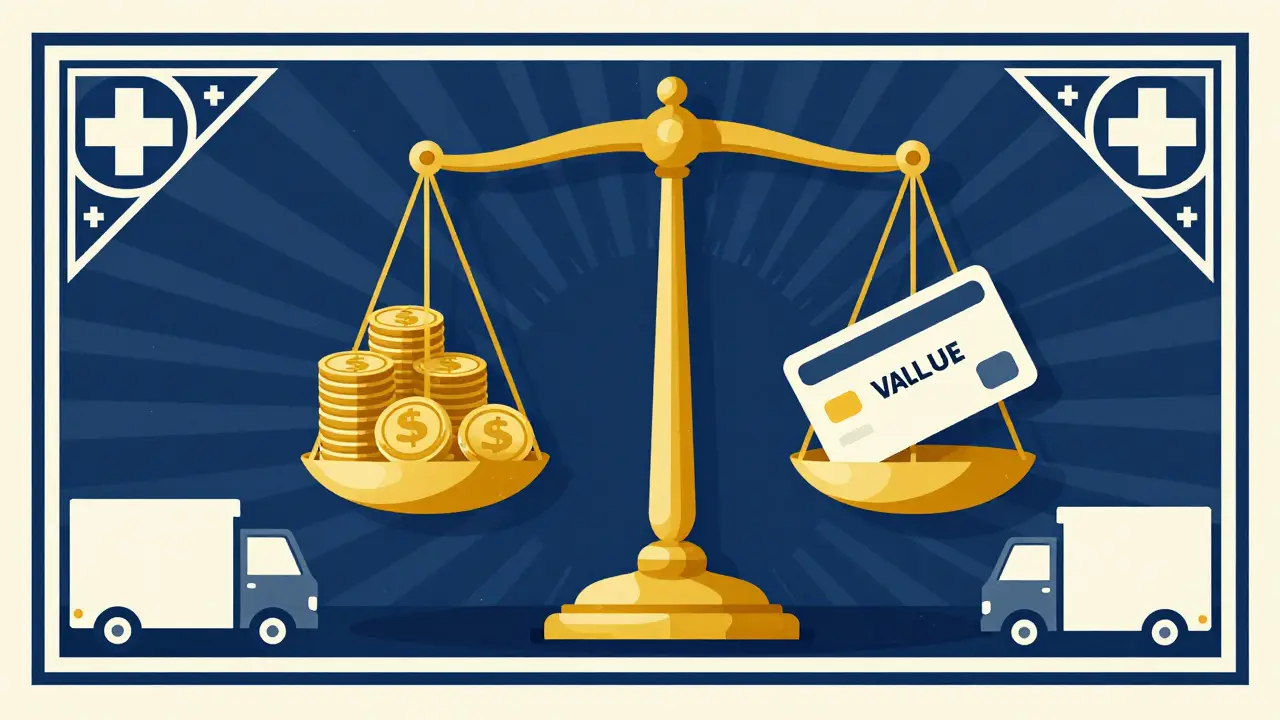 Art Deco poster showing balanced scale of affordable monthly medication cost