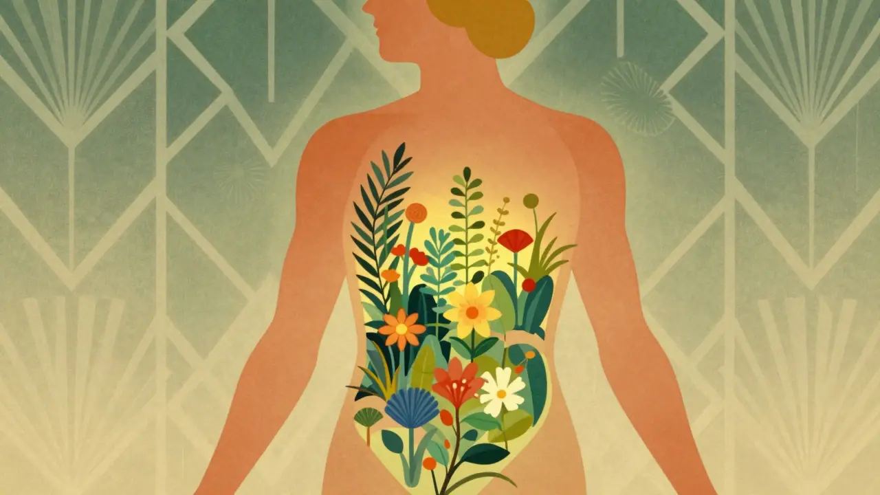 Art Deco silhouette showing restored gut flora as a vibrant garden