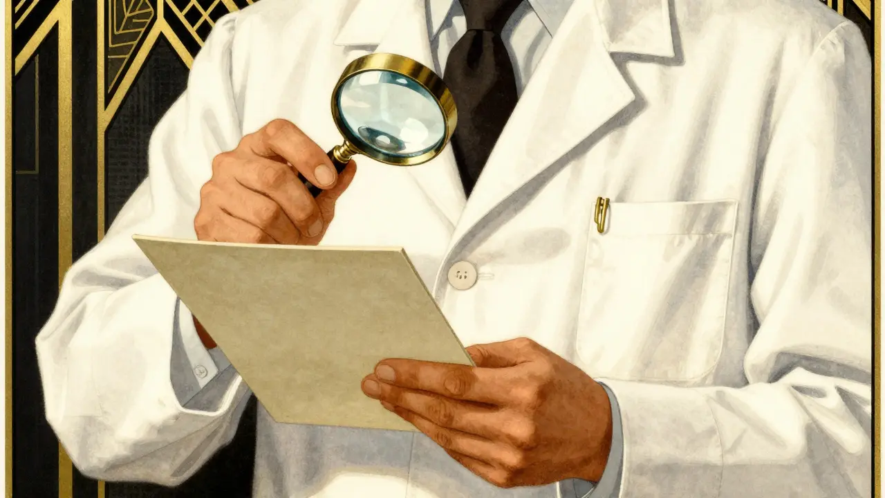 Art Deco style image of a pharmacist scrutinizing a prescription with a magnifying glass.