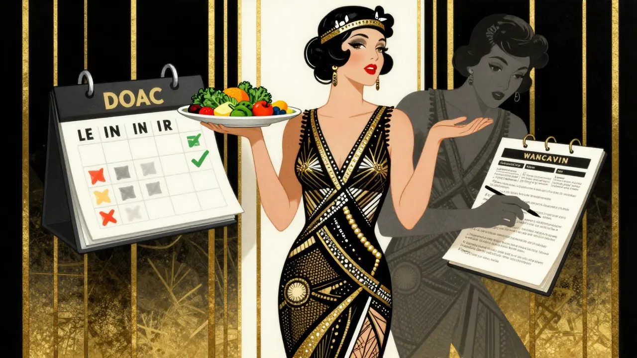 Art Deco style image showing dietary freedom with DOACs vs Warfarin monitoring