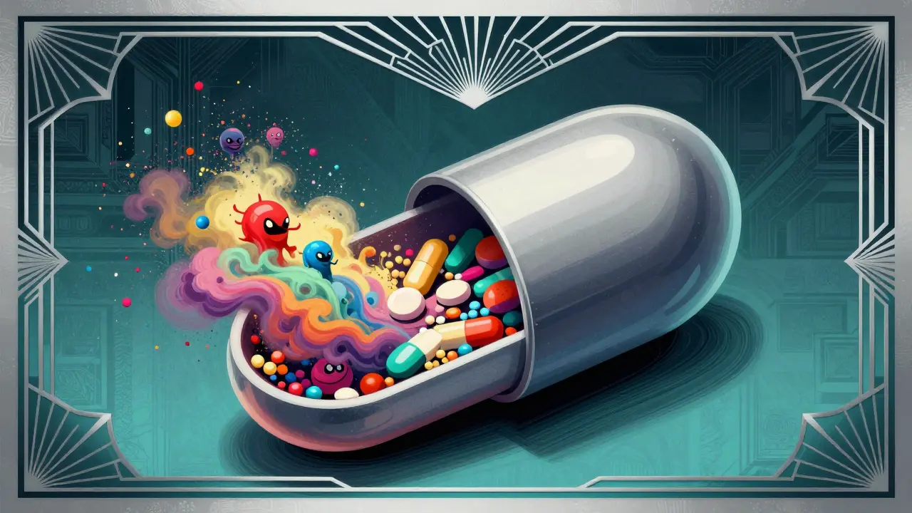 Cross-section of pill showing hidden ingredients, Art Deco illustration