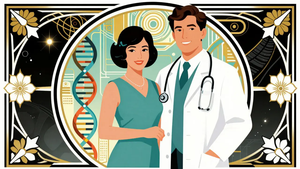 Doctor and patient with DNA and tech symbols in Art Deco frame