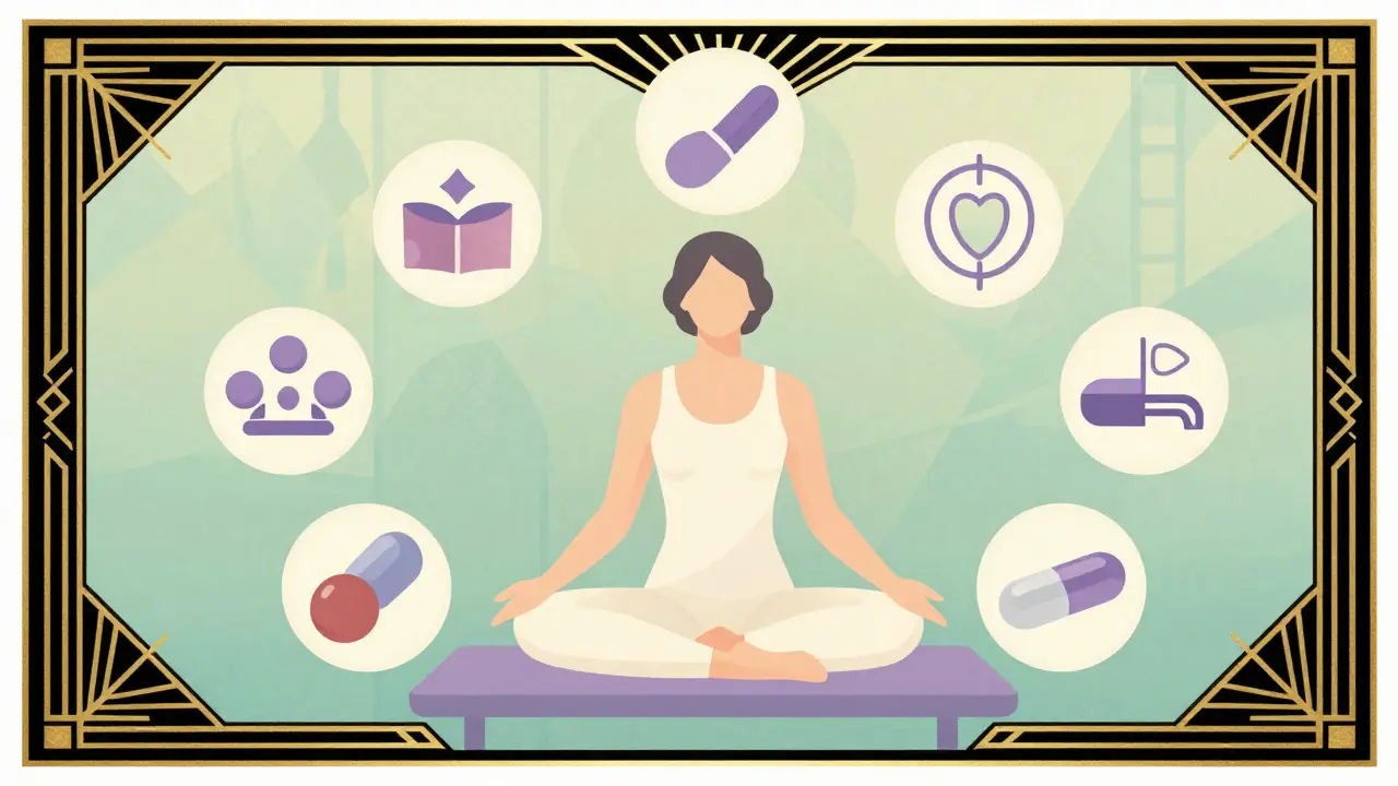 Holistic pain management symbols arranged in Art Deco composition