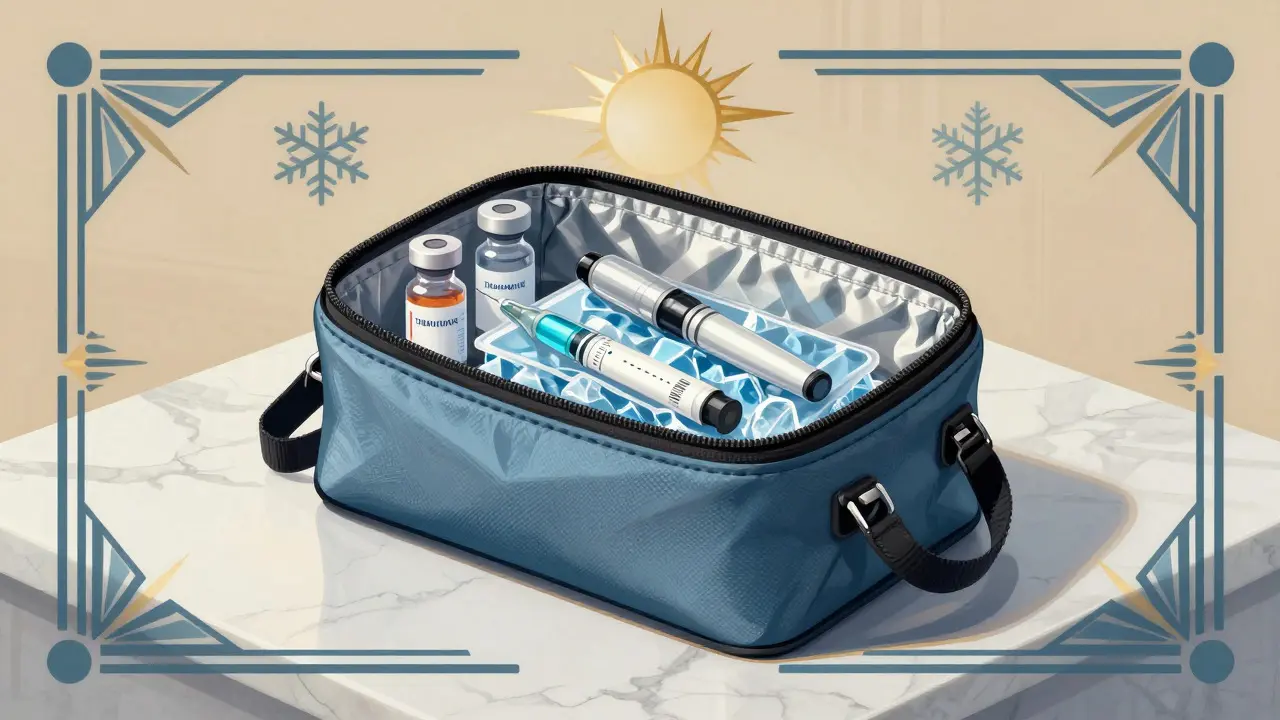 Insulated travel pouch holding liquid medicine and insulin, styled in Art Deco fashion.