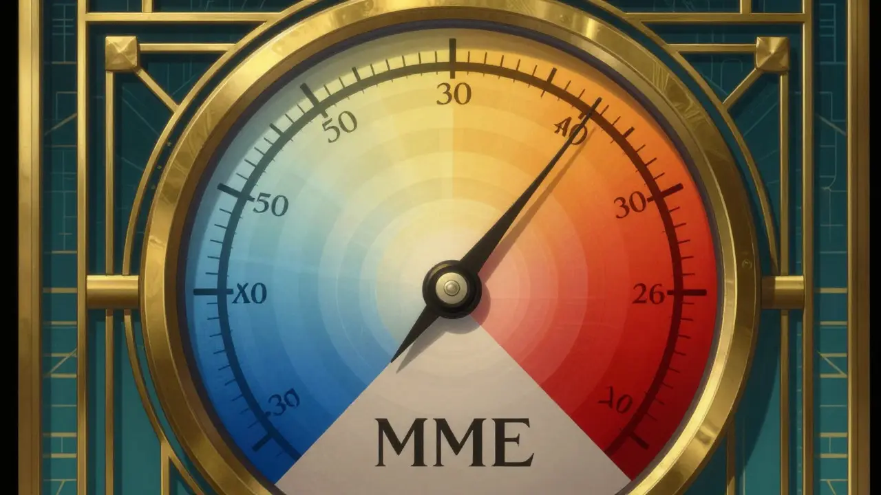 Ornate gauge showing opioid dosage risk levels in Art Deco style