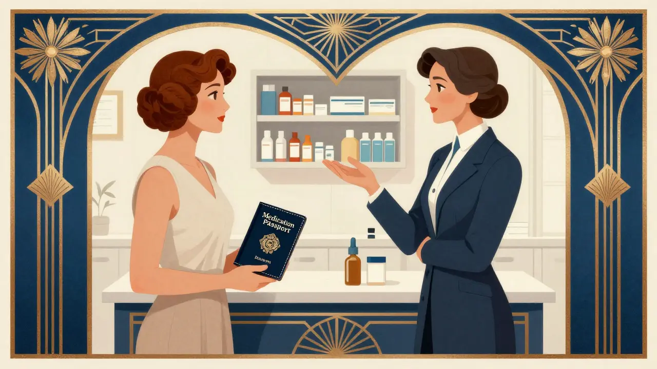 Patient holding medication passport with pharmacist, Art Deco style