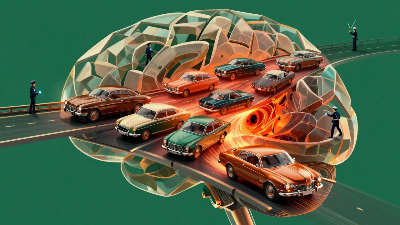 Stylized Art Deco brain highway with chaotic cars representing neurotransmitter overload.