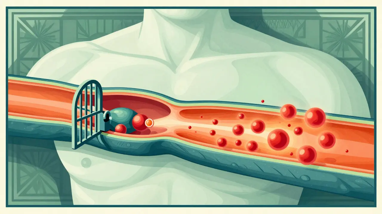 Stylized Art Deco graphic showing blocked enzymes and flooding neurotransmitters