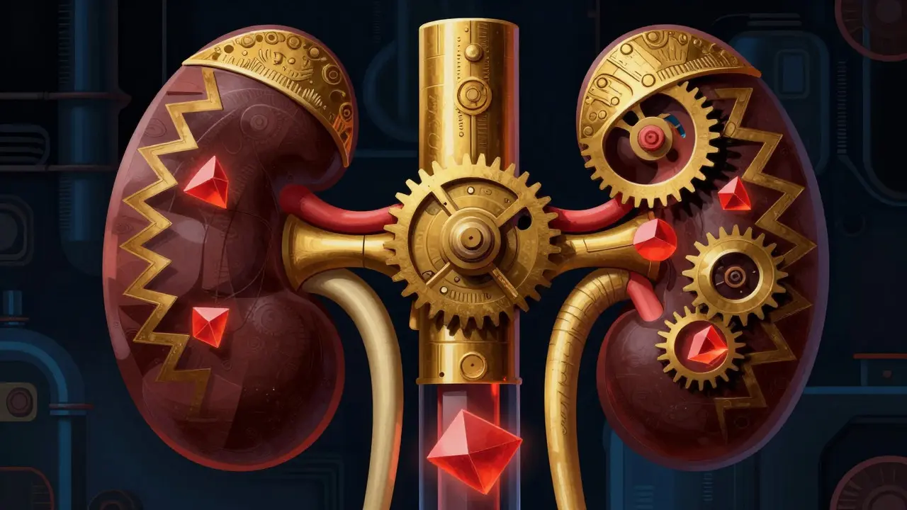 Stylized golden kidney gears trapping red potassium shapes