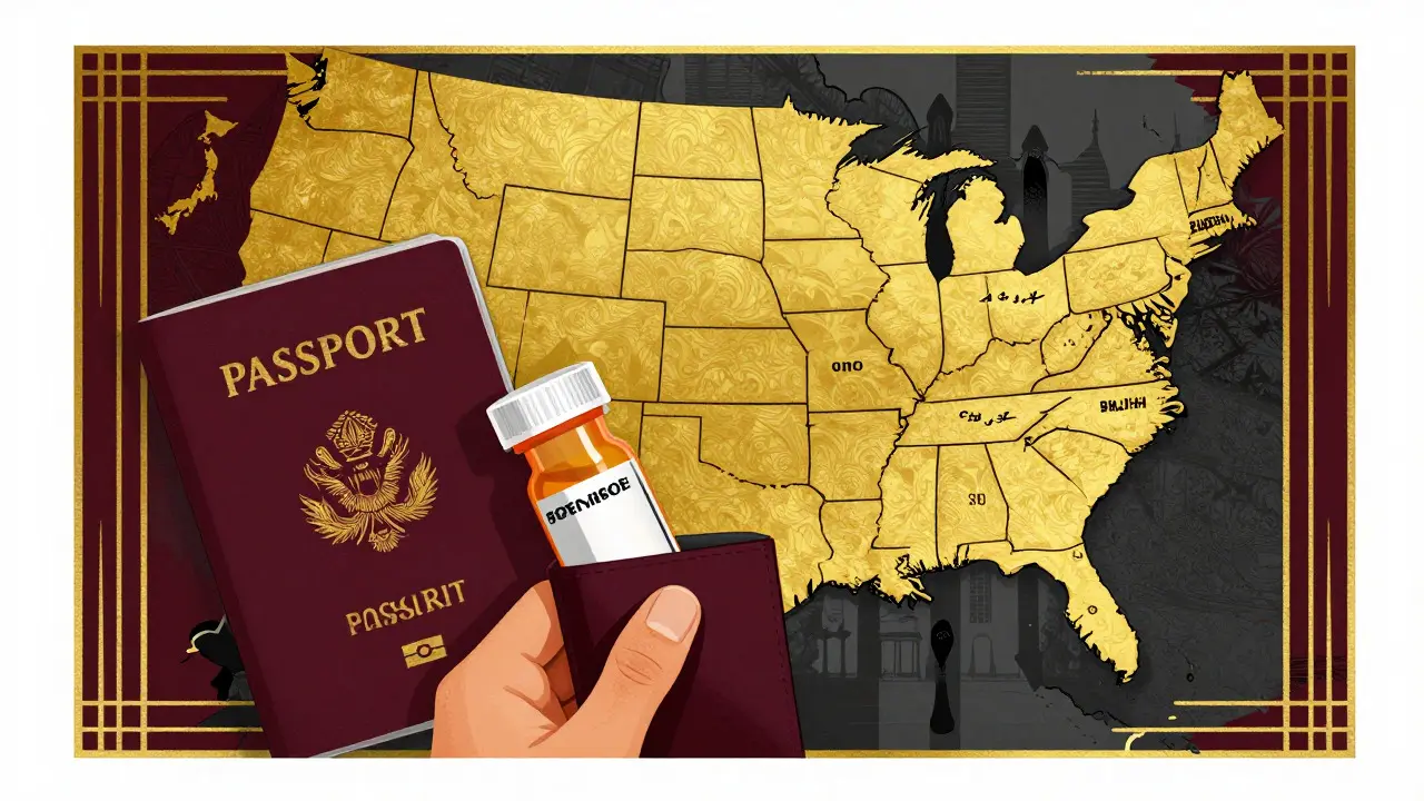 Stylized map showing legal risks of traveling meds without original labels across borders.
